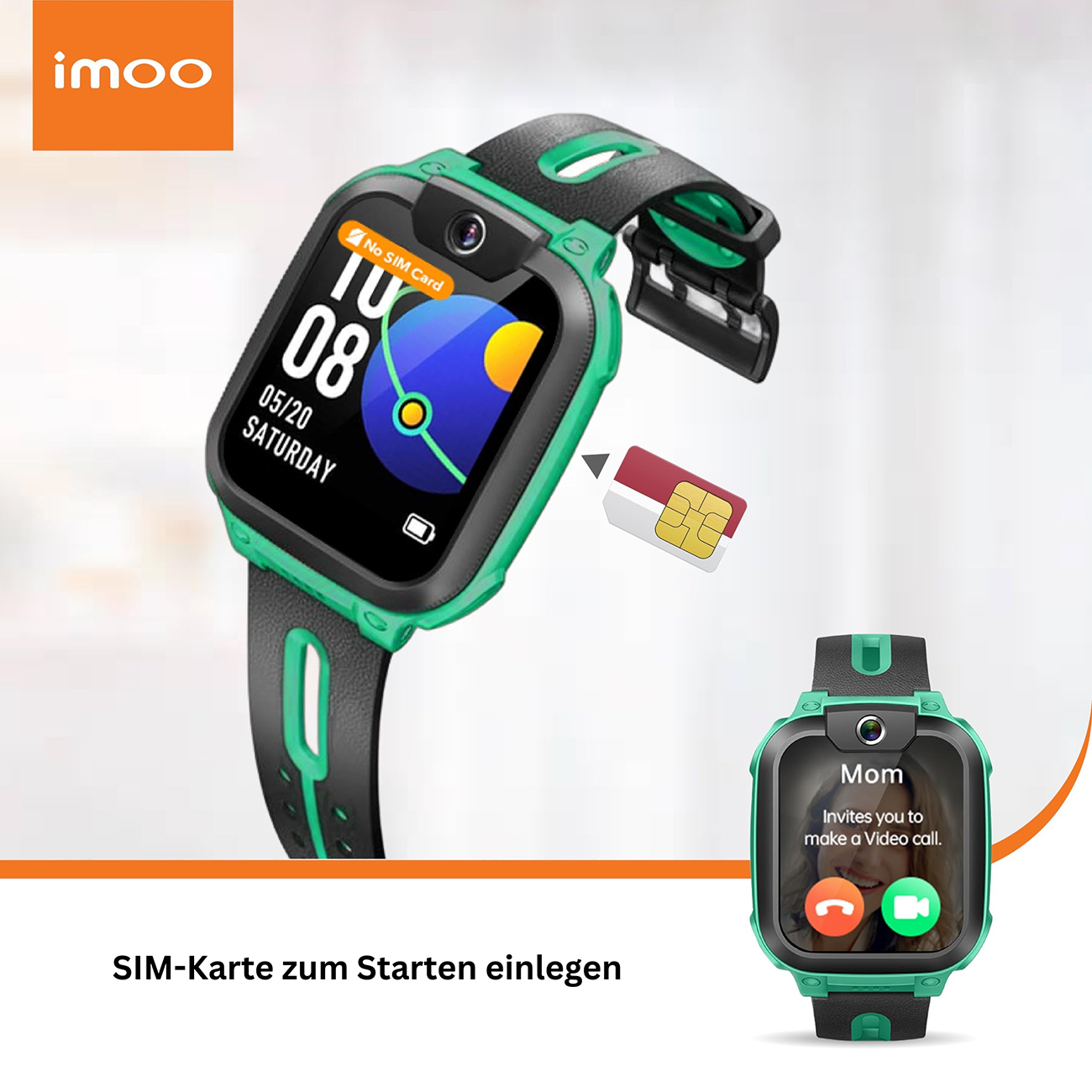 Eine grün-schwarze imoo-Smartwatch mit Datumsanzeige. Eine SIM-Karte wird eingesetzt. Eine zweite Uhr zeigt einen Videoanruf.