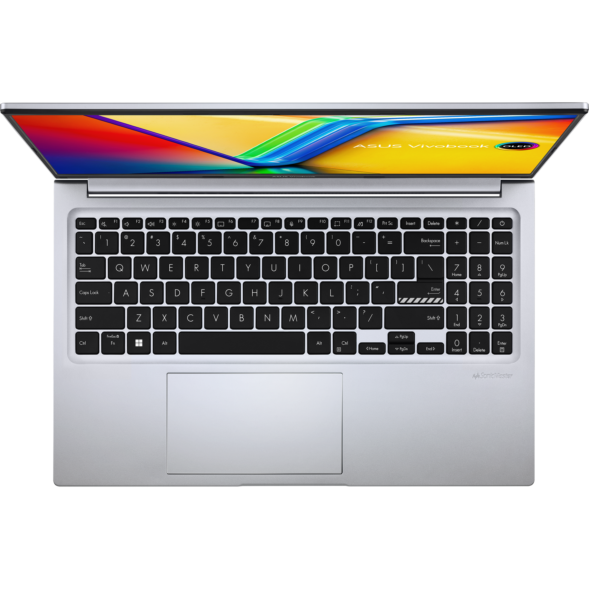 Silberner Laptop mit schwarzer Tastatur. Der Bildschirm zeigt ein farbenfrohes Bild. Die Marke ASUS Vivobook ist sichtbar.