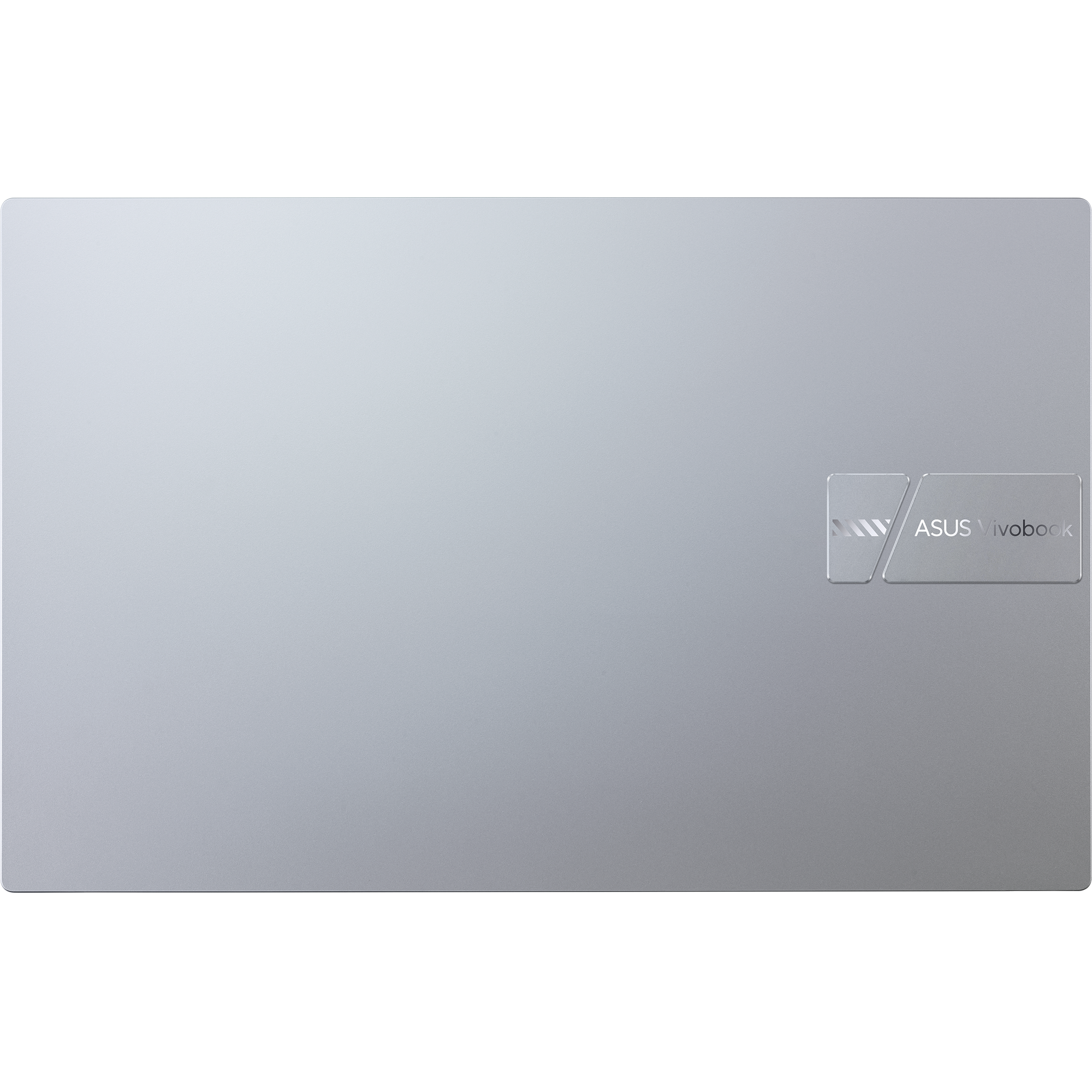 Silberner Laptopdeckel mit dem ASUS Vivobook-Logo in der oberen rechten Ecke. Schwarzer Hintergrund.