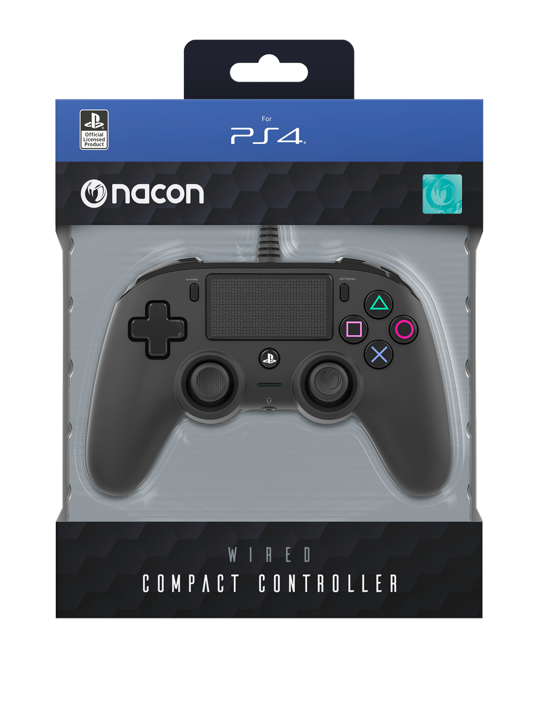 Czarny, przewodowy, kompaktowy kontroler Nacon do PS4 w opakowaniu. Opakowanie jest niebiesko-czarne, kontroler jest widoczny.