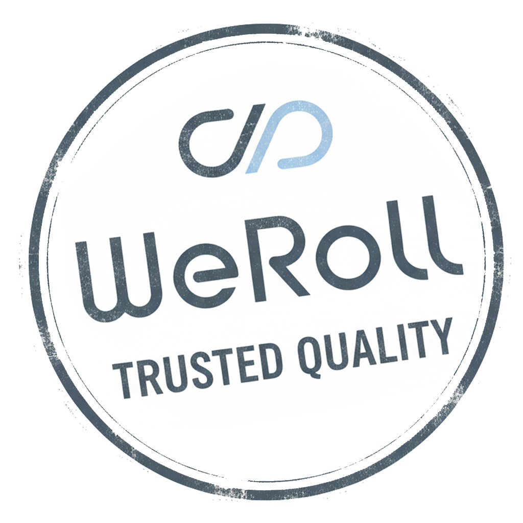 Das WeRoll-Logo zeigt ein kreisförmiges Design mit einem abgenutzten Rand. Es enthält Text und ein stilisiertes Unendlichkeitszeichen.
