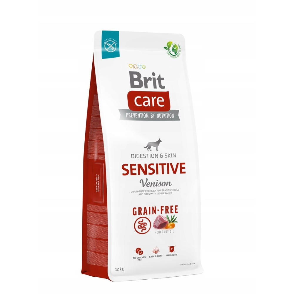 Torba karmy dla psów. Widnieje napis 'Brit Care Sensitive Venison' z sylwetką psa i informacjami o składzie.