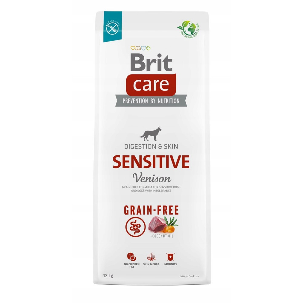 Biała torba na karmę dla psów. Widnieje na niej napis 'Brit care' ze słowami 'Sensitive Venison' i 'Grain-free'. Zawiera zdjęcia mięsa i warzyw.