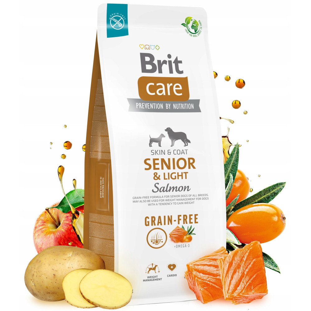 Torba z karmą dla psów z łososiem, ziemniakami, jabłkiem i rokitnikiem. Na torbie napis 'Brit Care Senior & Light Salmon Grain-Free'.