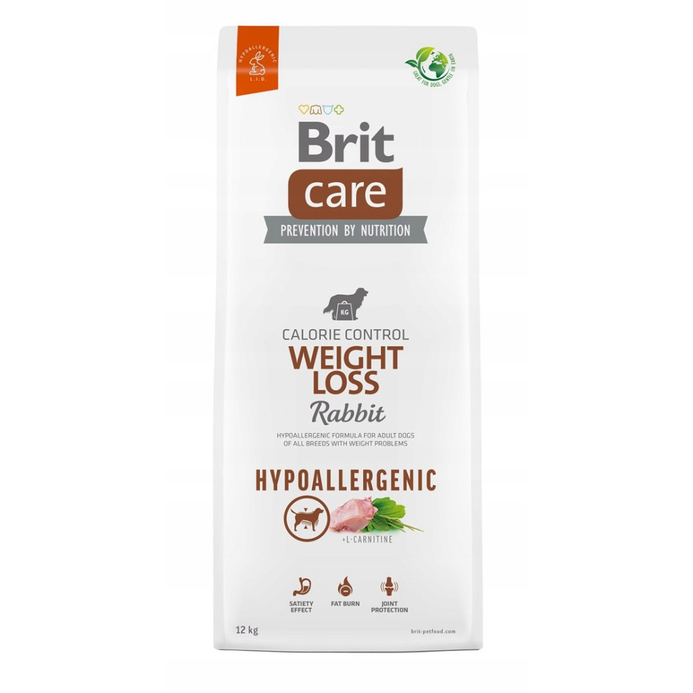 Eine weiße Tüte Hundefutter von Brit Care. Es steht 'Weight Loss Rabbit' drauf. Es hat ein Bild eines Hundes und eines Kaninchens. Es steht 'hypoallergen' drauf.