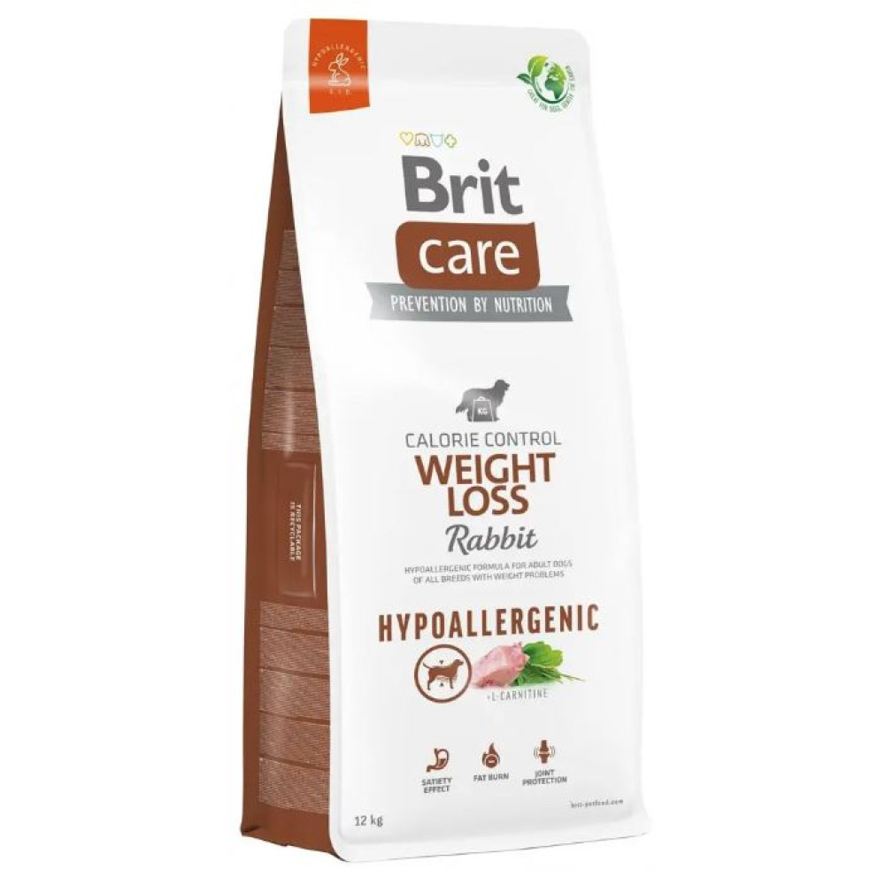 Eine weiße Tüte Brit Care Hundefutter. Es steht 'Weight Loss Rabbit Hypoallergenic' drauf. Es gibt Bilder von Hund, Kaninchen und L-Carnitin.