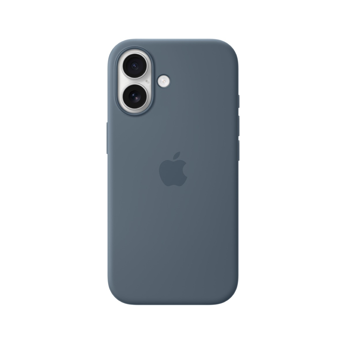 Una custodia per telefono blu scuro. Ha due obiettivi, un flash e un logo Apple. Lo sfondo è bianco.
