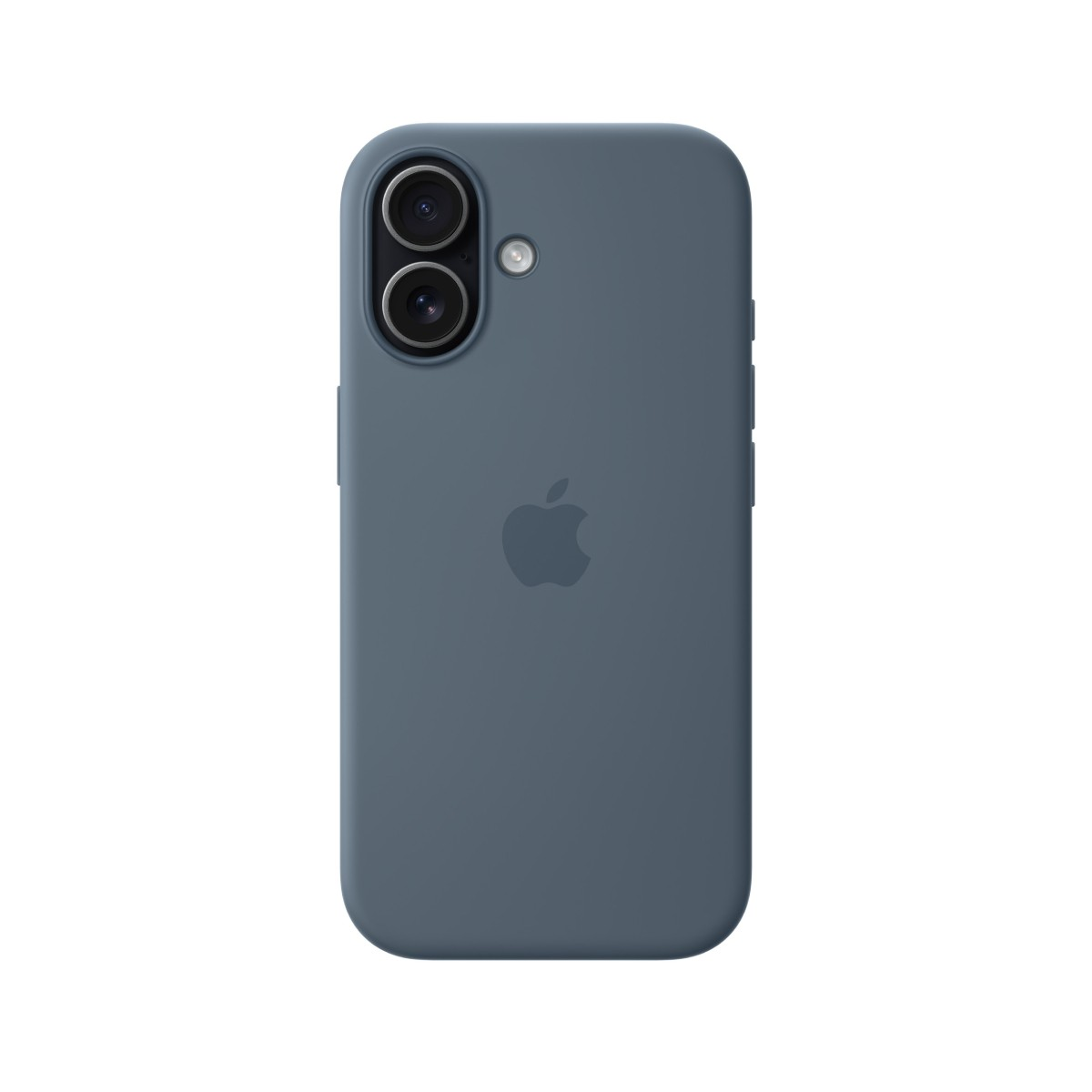 Una custodia blu per telefono con logo Apple, due fotocamere e flash sul retro, isolata su bianco.