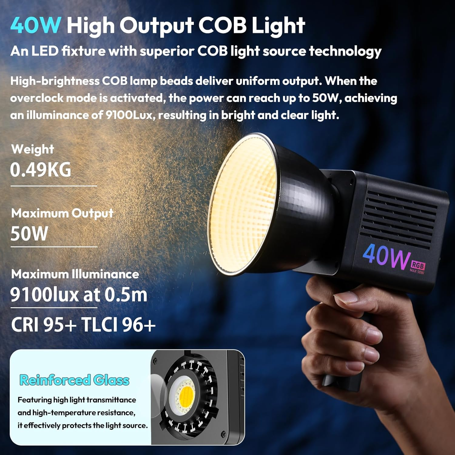 Una mano sostiene una luz COB negra de 40W. La luz está encendida, iluminando un círculo brillante. El texto detalla especificaciones.