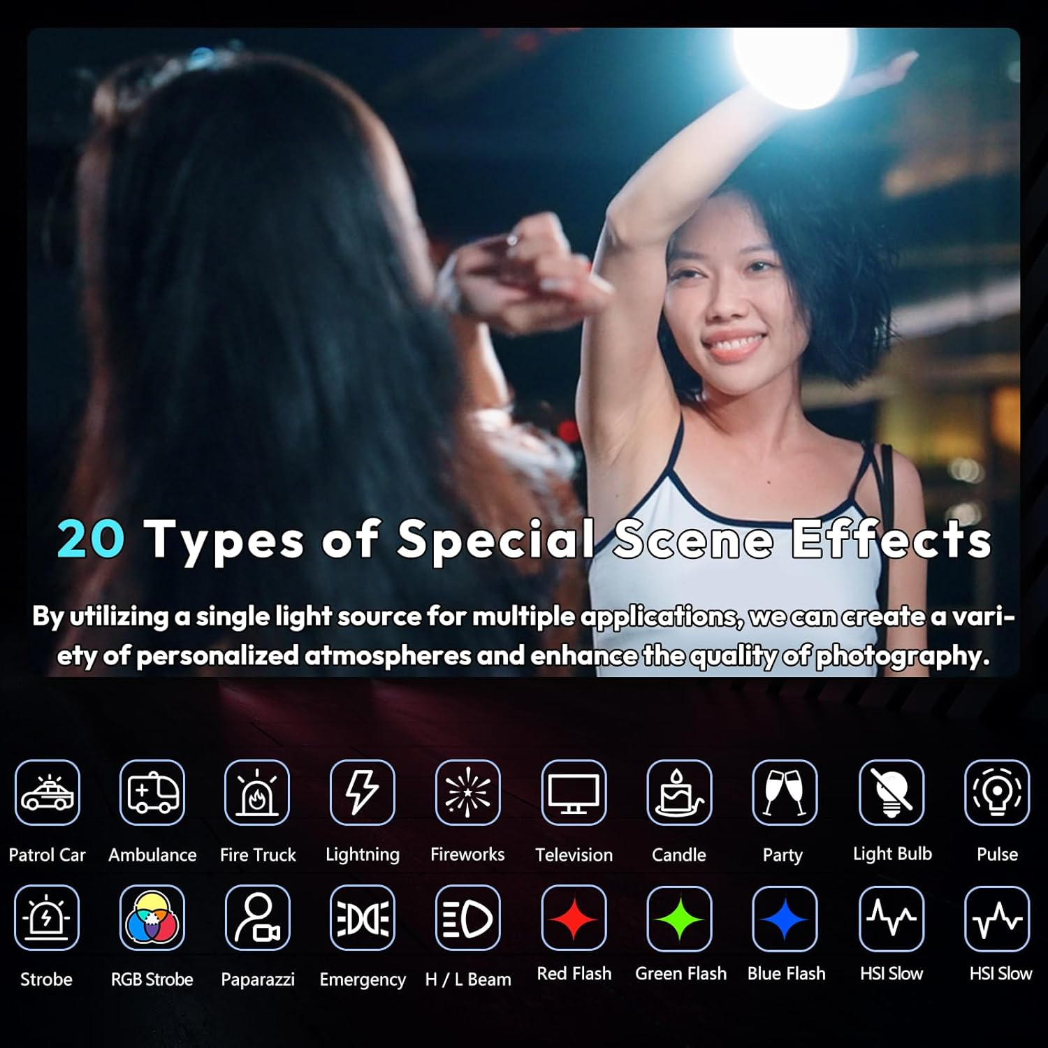 Una mujer sonríe sosteniendo una luz brillante. El texto dice '20 tipos de efectos especiales de escena'. Debajo, iconos que representan efectos de iluminación.