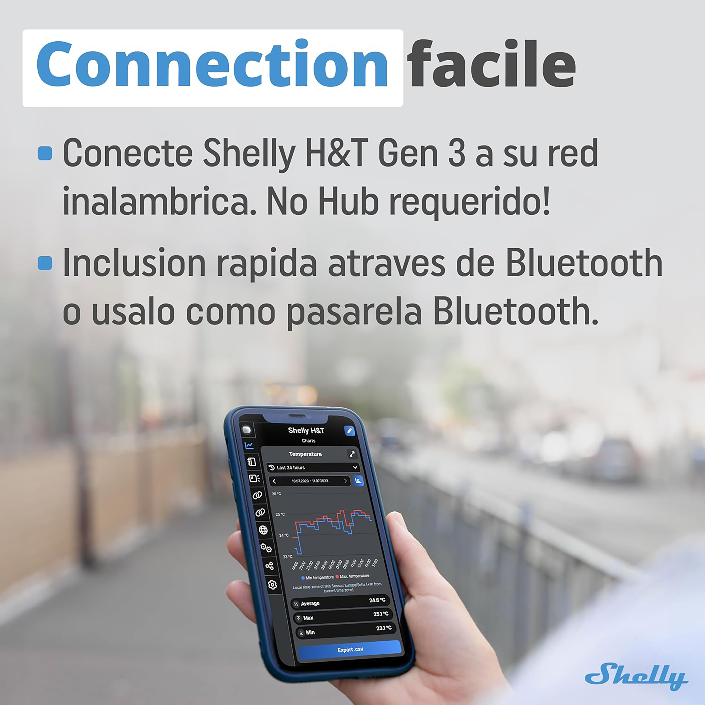 Ręka trzyma telefon z wykresem temperatury. Tekst u góry mówi 'Connection facile' i opisuje Shelly H&T Gen 3.
