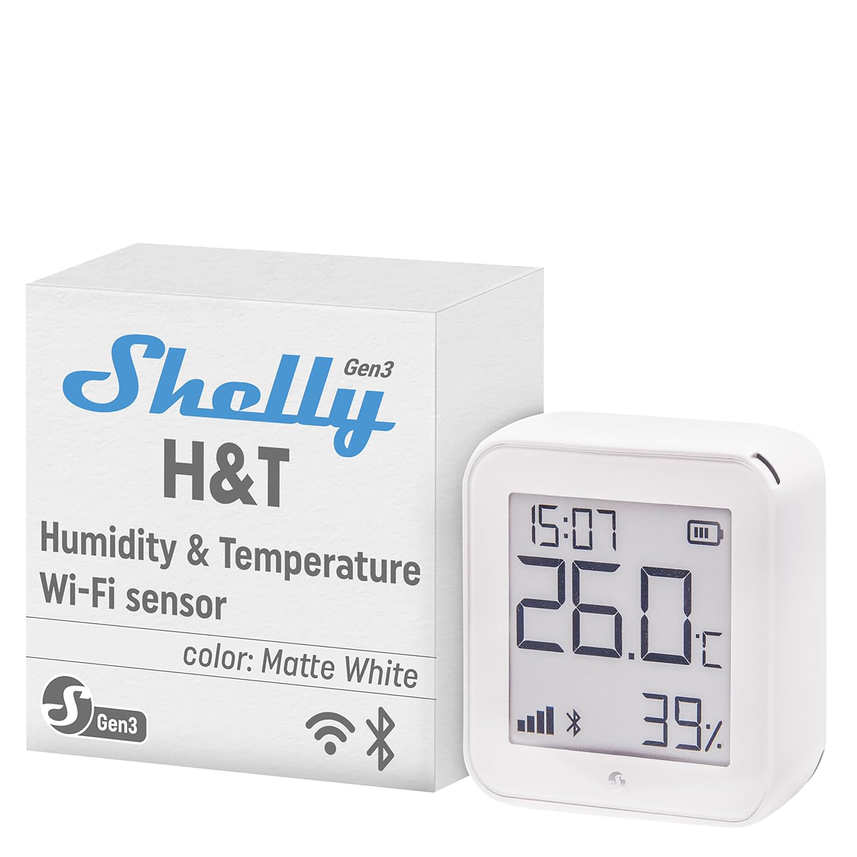 Biały czujnik Shelly H&T. Wyświetla godzinę, temperaturę i wilgotność. Obok znajduje się pudełko produktu.