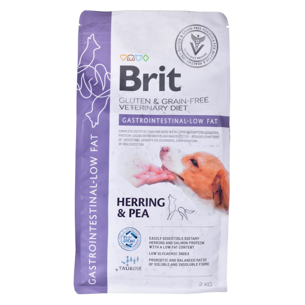 Torba karmy dla psów z napisem 'Brit' i 'Herring & Pea'. Zawiera ilustrację psa i informacje żywieniowe.