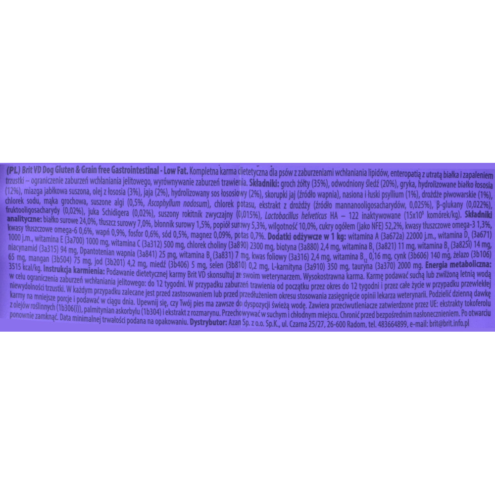 Tekst z opakowania karmy dla zwierząt, składniki, informacje o wartości odżywczej i instrukcje. Zawiera tekst w języku polskim.