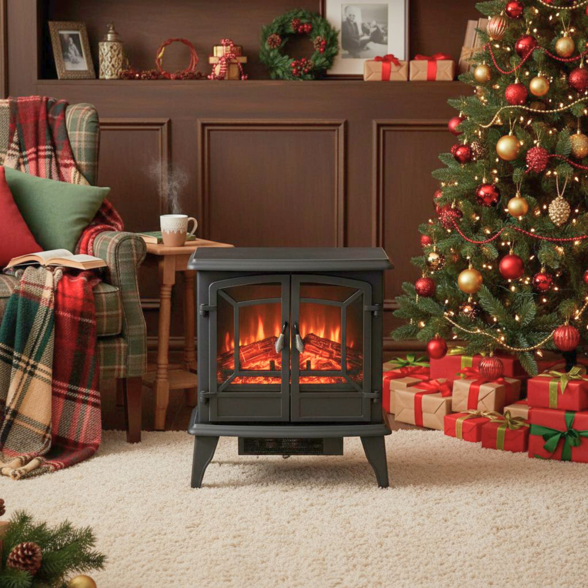 Een gezellige kerstscène. Een open haard, een versierde boom en cadeaus staan voor een stoel met een geruite deken en een kopje.