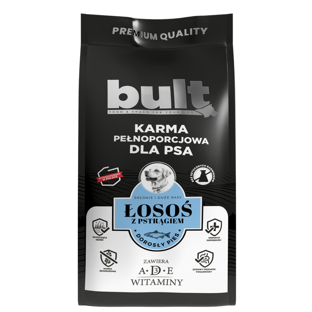 Una bolsa negra de comida para perros con la marca 'bult'. Anuncia salmón y trucha. Contiene vitaminas y apoya la inmunidad y digestión.