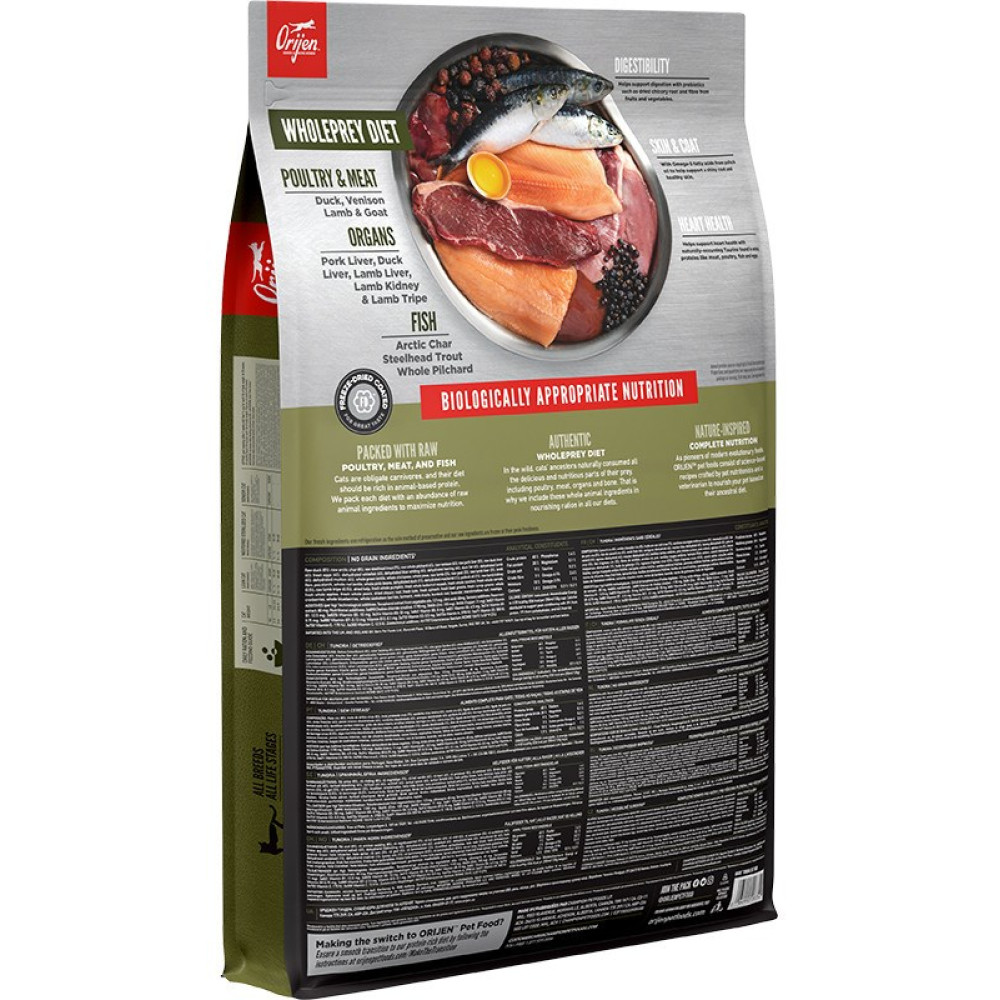 Torba z karmą dla zwierząt domowych pokazuje składniki: ryby, mięso, organy. Etykiety brzmią: 'Wholeprey Diet' i 'Biologically Appropriate Nutrition'.