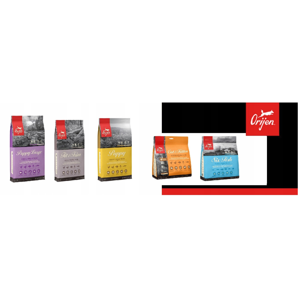 Obraz przedstawia worki z karmą dla zwierząt Orijen. Odmiany obejmują Puppy Large, Fit & Trim, Puppy, Cat & Kitten i Six Fish, każda z unikalnym designem.
