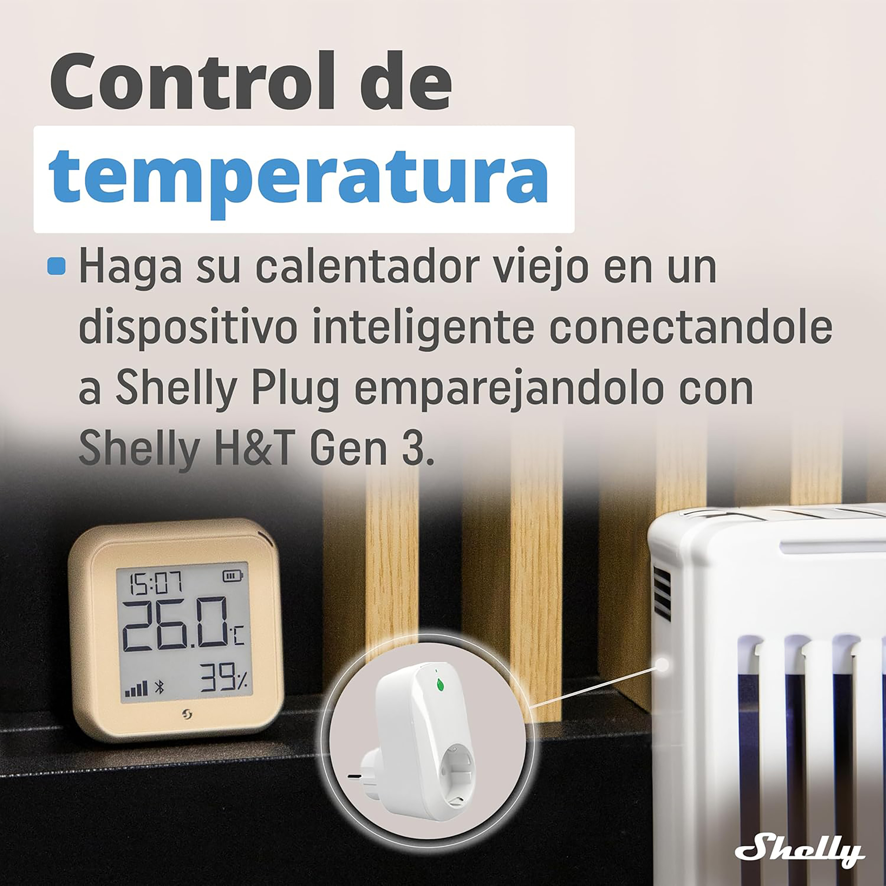 Obraz przedstawia koncepcję kontroli temperatury z termostatem, inteligentną wtyczką i grzejnikiem. Tekst w języku hiszpańskim.