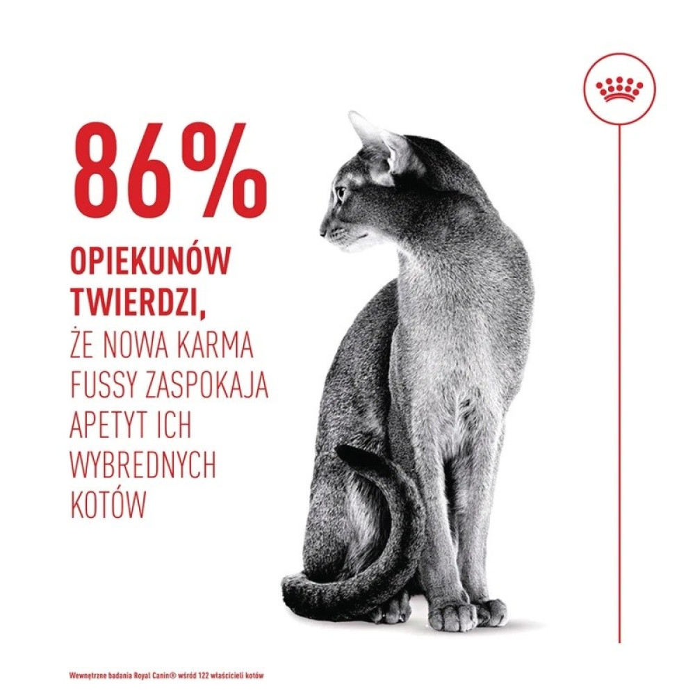 Szary kot patrzy w tył. Czerwony tekst mówi 86% i twierdzi, że nowe jedzenie zaspokaja apetyt wybrednych kotów. Obecne logo Royal Canin.