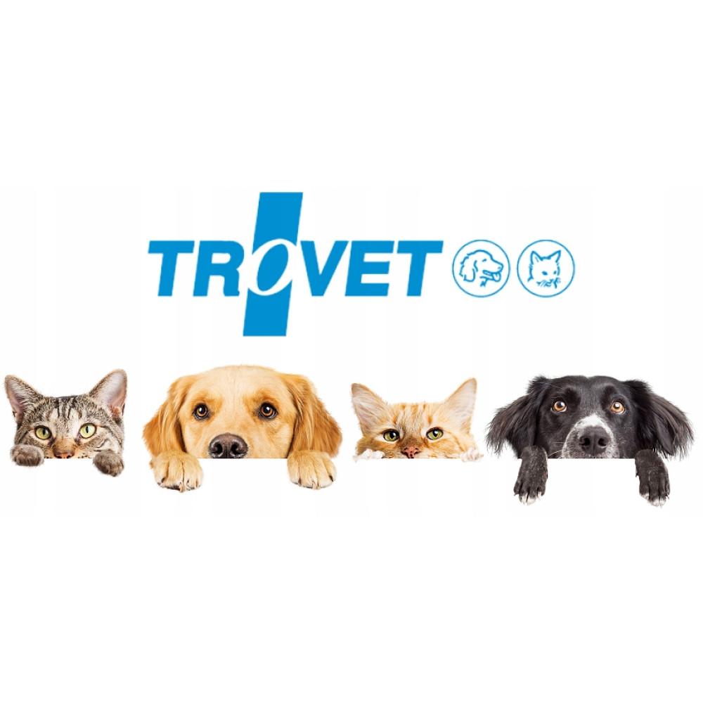 Cztery zwierzaki, dwa koty i dwa psy, wyglądają znad białej powierzchni. Logo Trovet znajduje się u góry.