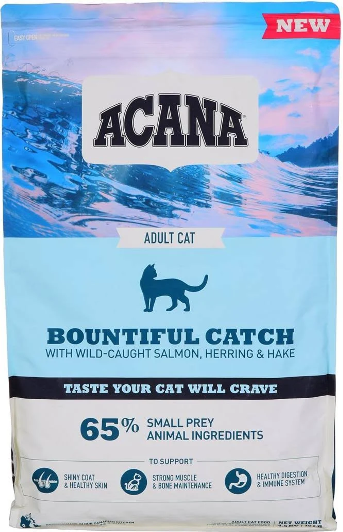 Torba karmy dla kotów. Niebiesko-biała z logo 'ACANA'. Zawiera łososia, śledzia i morszczuka. Tekst 'Adult Cat'. Baner 'Nowość' u góry.