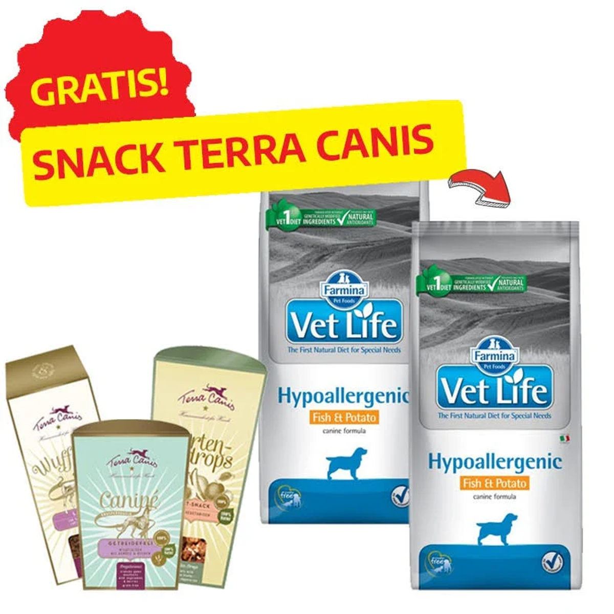 Obraz przedstawia opakowania karmy dla psów z banerem "GRATIS! SNACK TERRA CANIS". Widocznych jest kilka opakowań karmy.
