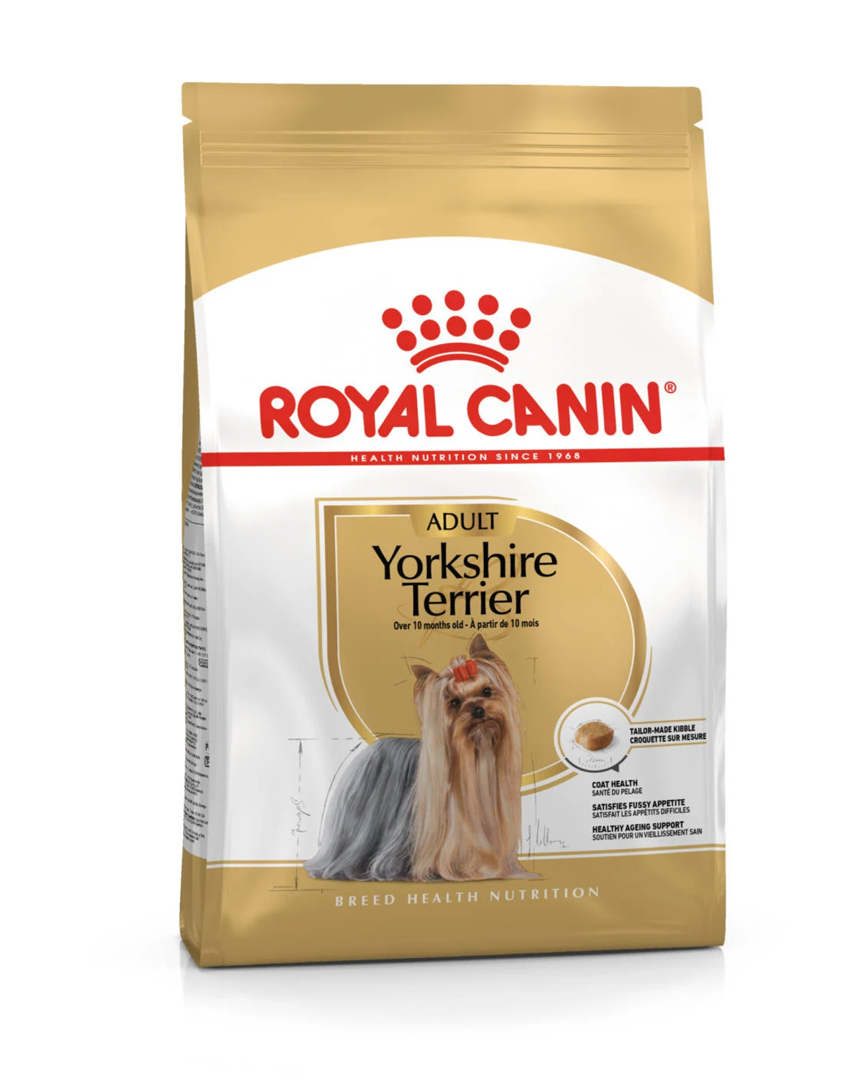 Torba karmy dla psów rasy Yorkshire Terrier. Przedstawia psa i markę Royal Canin. Torba jest biała i złota.