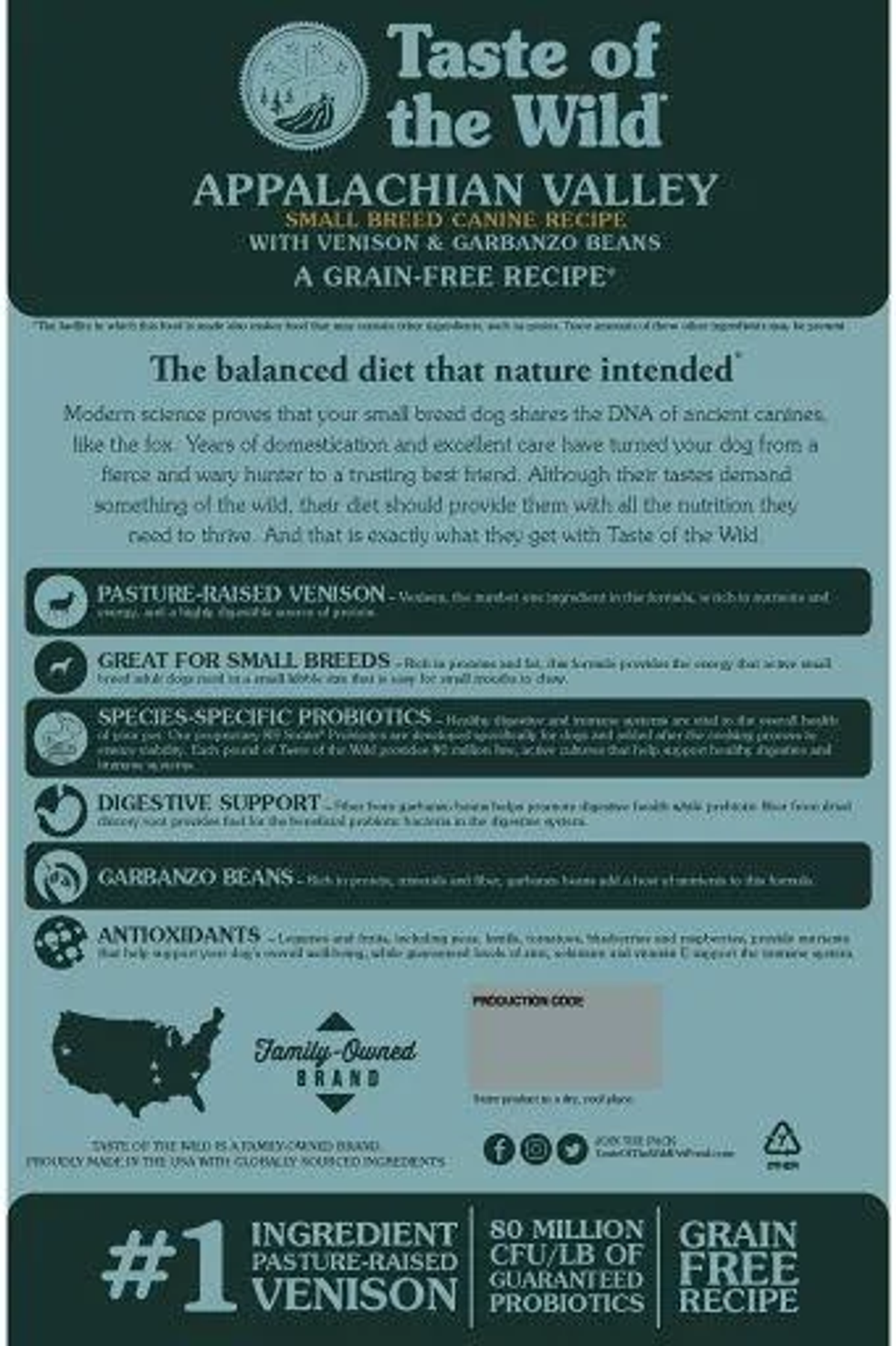 Reklama karmy dla psów. Zawiera tekst i grafikę. Widnieje napis 'Taste of the Wild' i 'Appalachian Valley' z mięsem z jelenia i ciecierzycą.