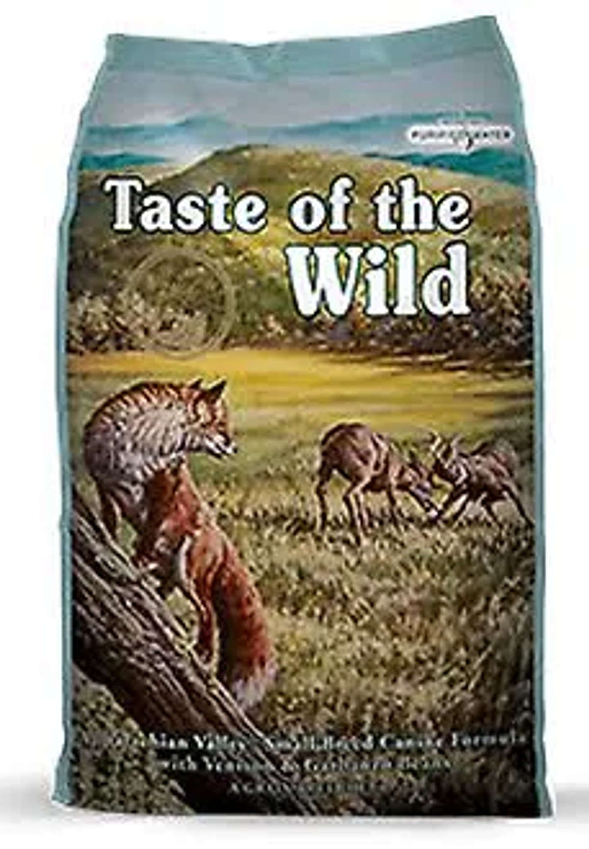 Torba z karmą dla psów marki 'Taste of the Wild'. Przedstawia wilka i jelenie w naturalnym otoczeniu.