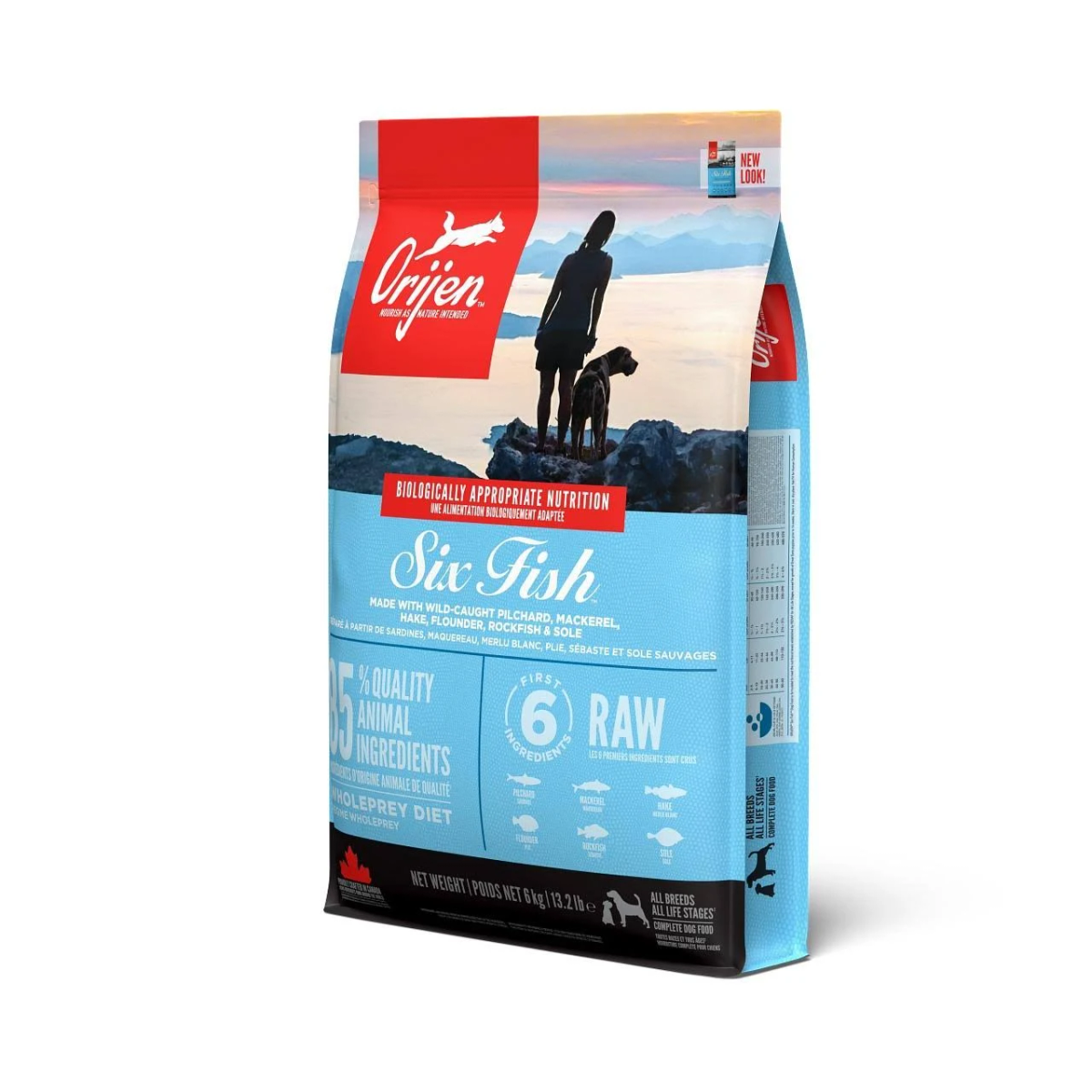 Torba z karmą dla psów z kobietą i psem na górze. Tekst brzmi 'Six Fish', 'Orijen' i informacje o wartości odżywczej.