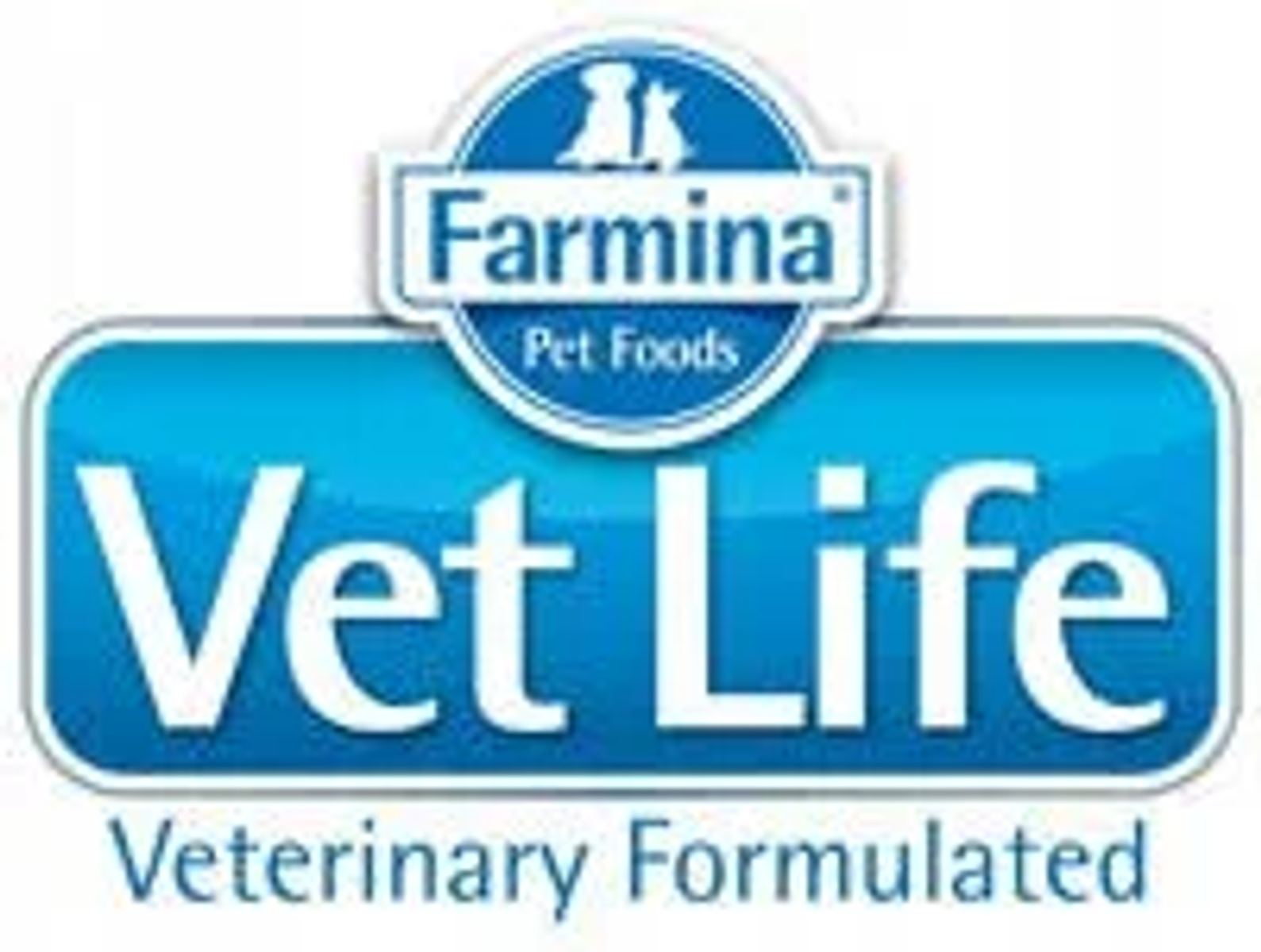 Logo z niebieskim tłem. Napis „Vet Life” białymi literami. Powyżej „Farmina Pet Foods” z psem i kotem.