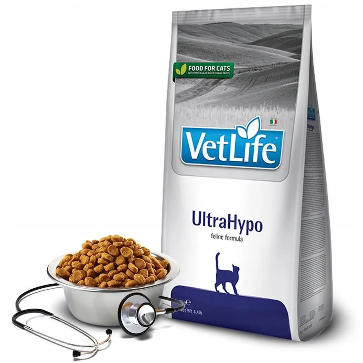 Torba karmy dla kotów z miską jedzenia i stetoskopem. Na torbie napis 'VetLife UltraHypo' i 'Food for Cats'.