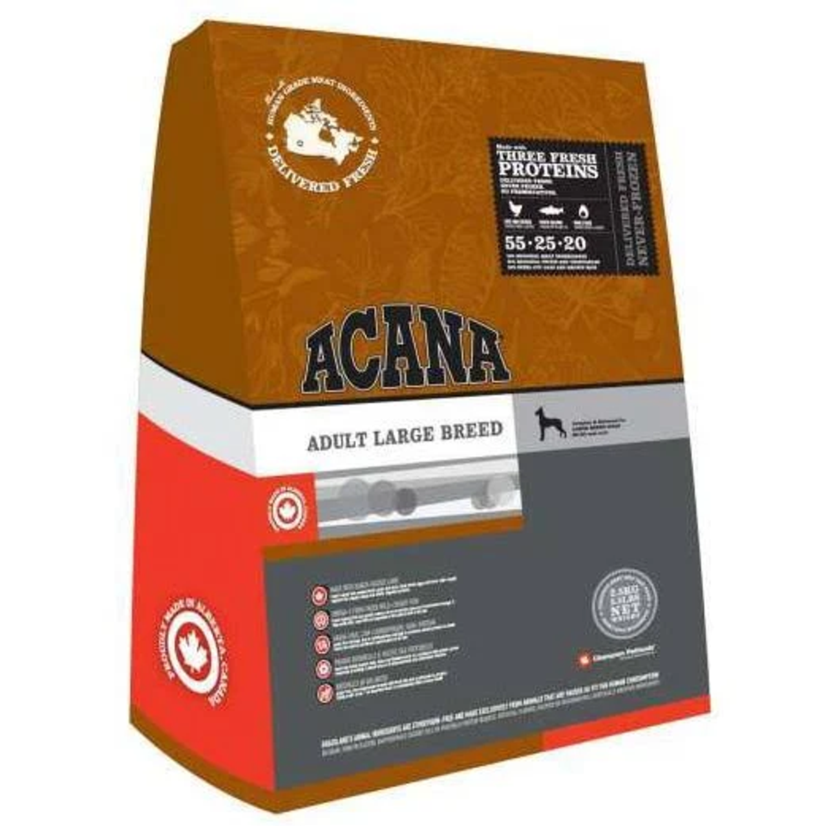 Torba karmy dla psów. Kolory brązowy i czerwony. Marka ACANA, Adult Large Breed. Zawiera trzy świeże białka. Dostarczane świeże, nigdy nie mrożone.