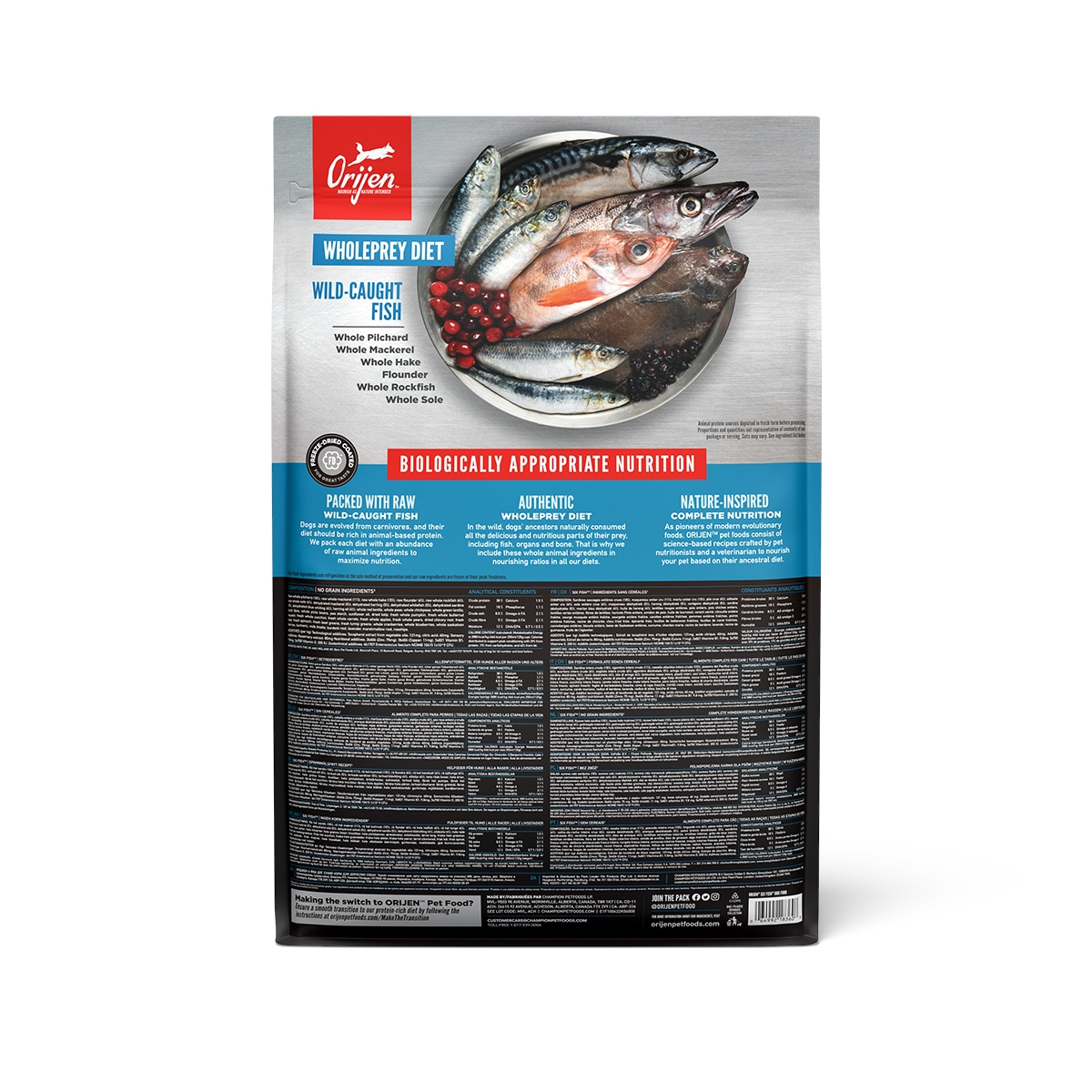Torba karmy dla psów Orijen z rybą i tekstem o dzikich rybach, diecie whole prey i pełnym odżywianiu.