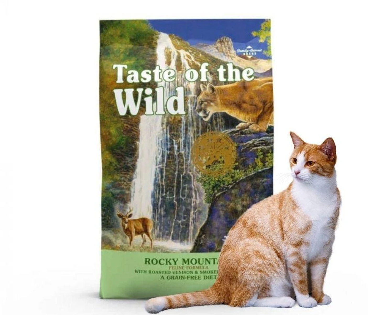 Kot siedzi obok worka z karmą dla kotów. Na worku znajduje się scena górska i napisy "Taste of the Wild". 