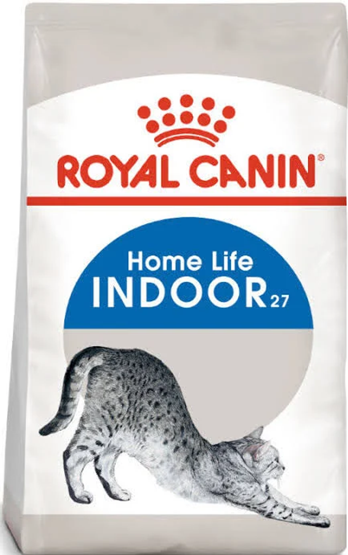 Torba karmy dla kotów. Marka Royal Canin. Kot się rozciąga. Niebieskie koło z 'Indoor 27'.