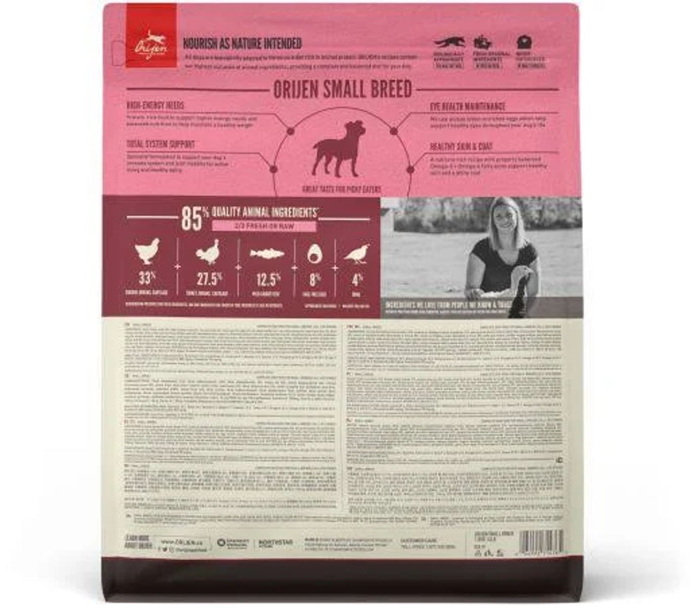 Tył torby z karmą dla psów Orijen. Zawiera tekst, sylwetkę psa i podziały procentowe składników, takich jak kurczak i ryby.