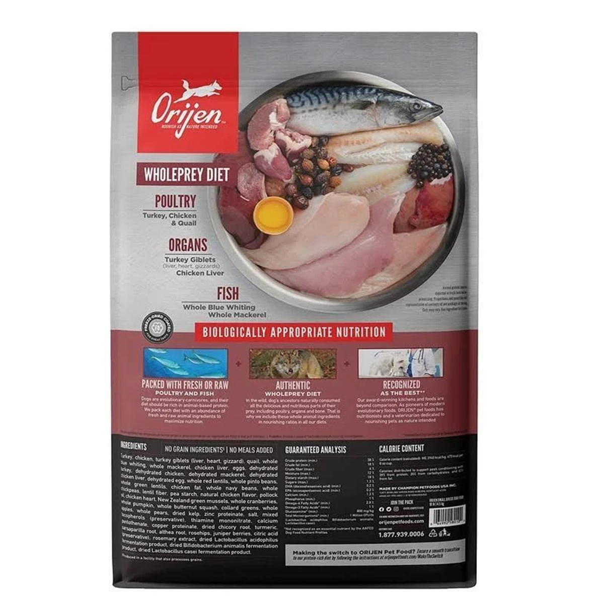 Torba karmy dla psów ze zdjęciami składników: ryb, drobiu i narządów. Tekst zawiera markę i informacje o wartości odżywczej.