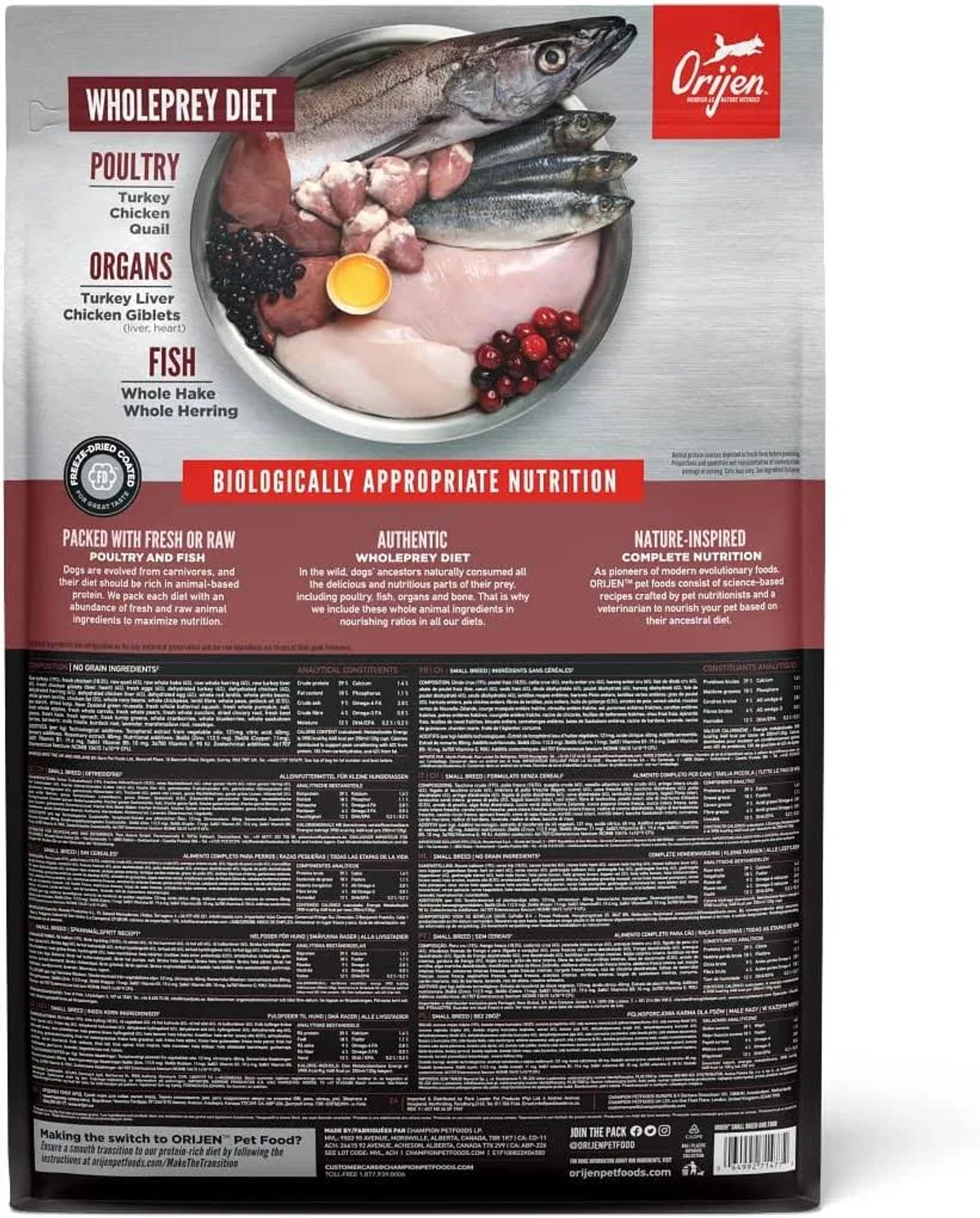 Opakowanie karmy dla psów Orijen. Pokazuje składniki takie jak ryby, drób i narządy. Jest talerz surowej żywności.