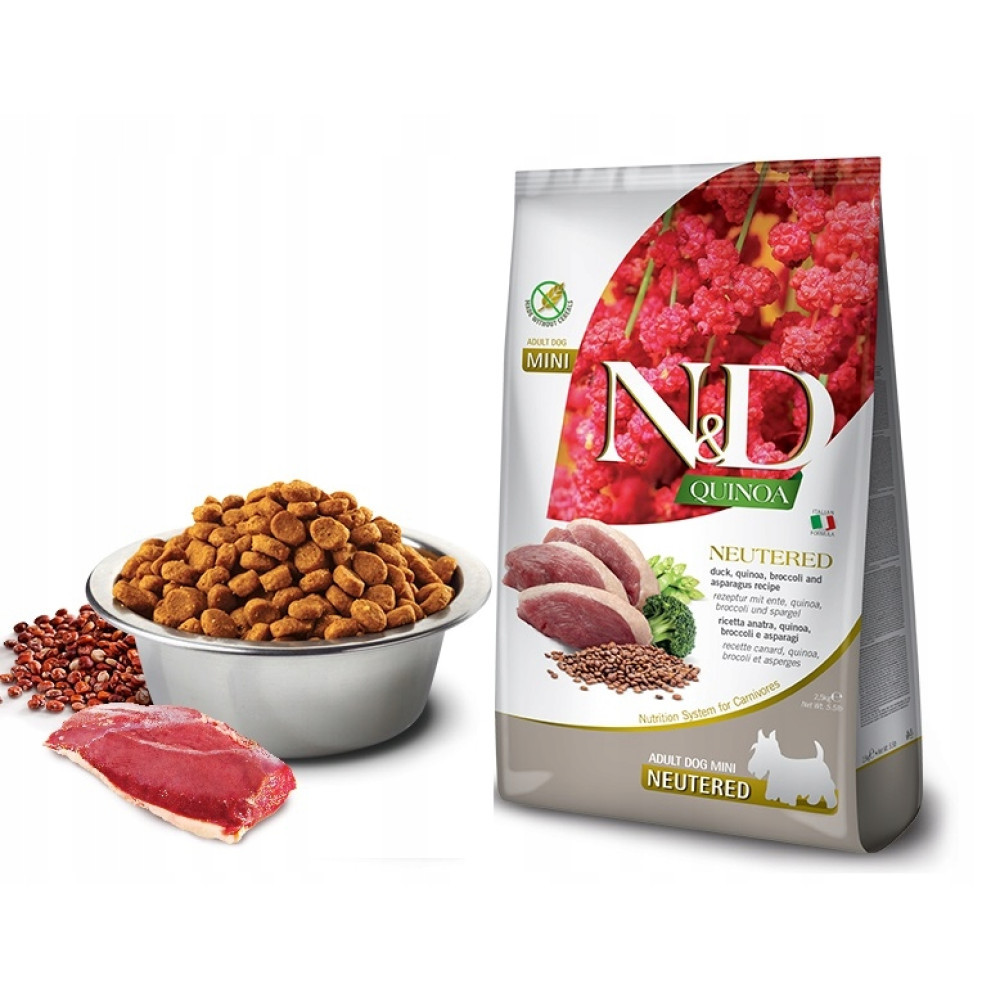 Worek karmy dla psów, miska z karmą, mięso i nasiona. Na worku napis 'ND Quinoa' i 'Neutered'.