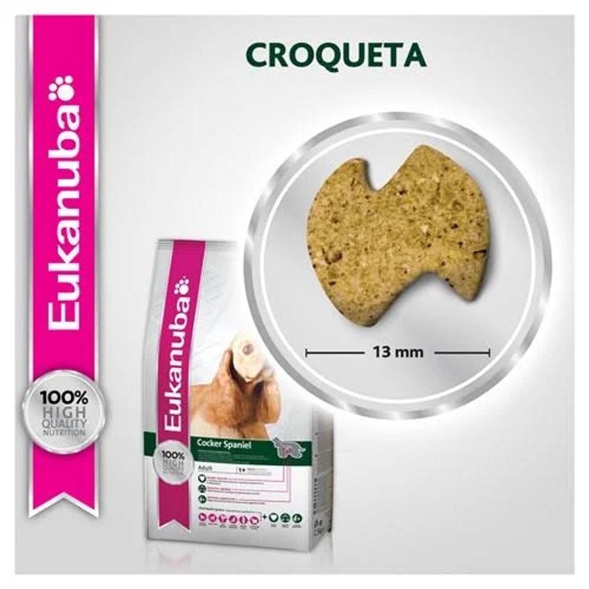Obraz pokazuje karmę dla psów Eukanuba. Kawałek karmy w okręgu, 13 mm. Worek karmy po lewej, ze zdjęciem Cocker Spaniela.