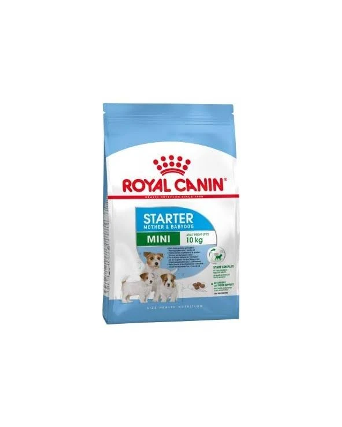 Torba karmy dla psów Royal Canin. Jest niebiesko-biała z tekstem i zdjęciami szczeniąt.