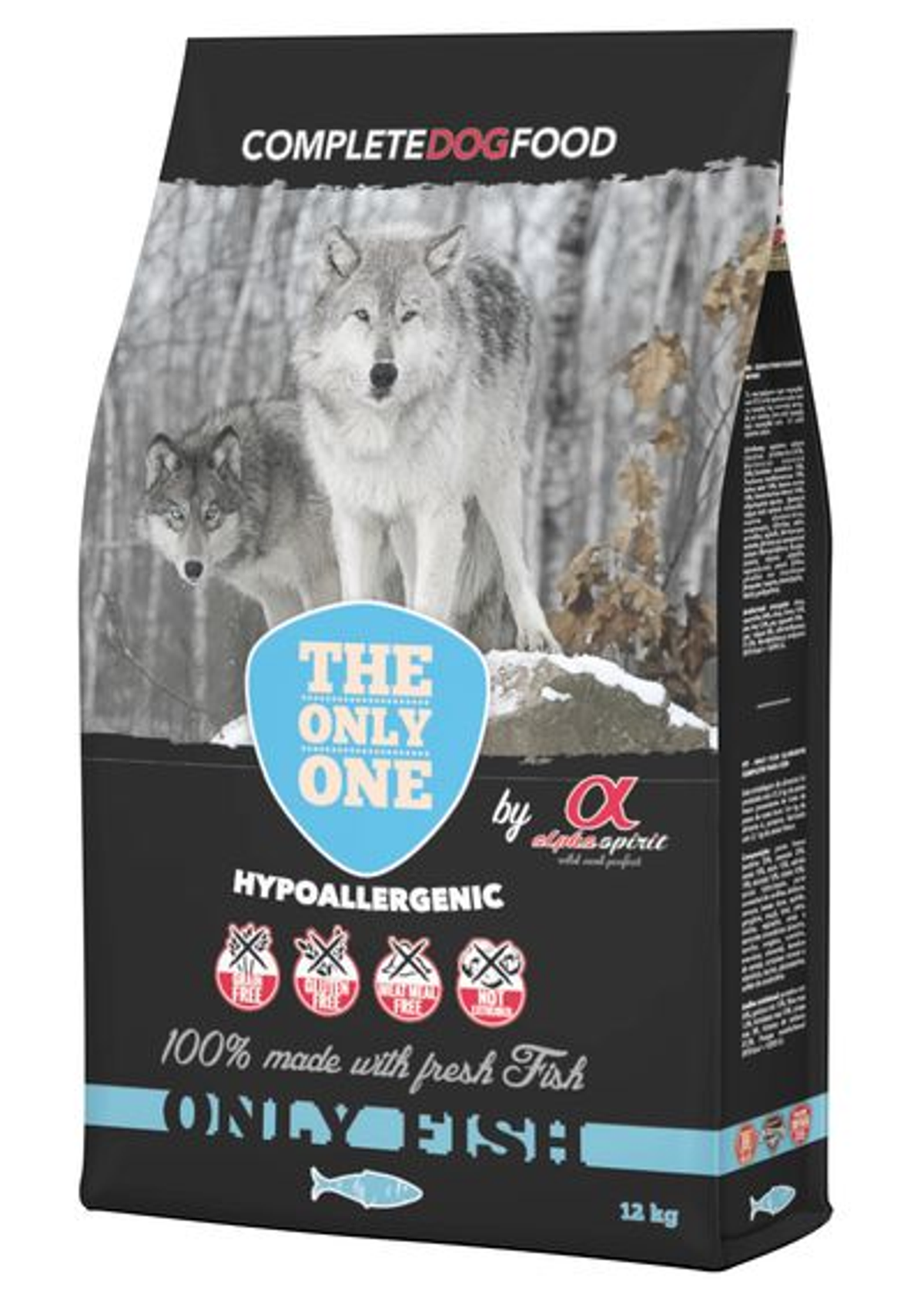 Torba z karmą dla psów z wilkami w tle. Tekst zawiera 'THE ONLY ONE', 'HYPOALLERGENIC' i '100% made with fresh Fish'.