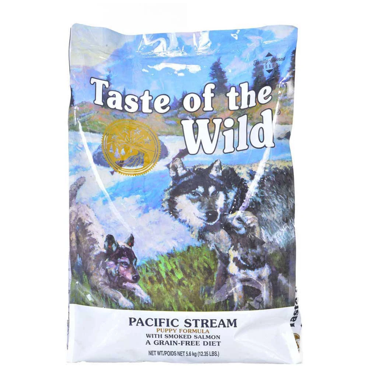 Torba karmy dla psów marki 'Taste of the Wild'. Zawiera ilustracje wilków i szczegóły produktu, w tym 'Pacific Stream' i 'Puppy Formula'.