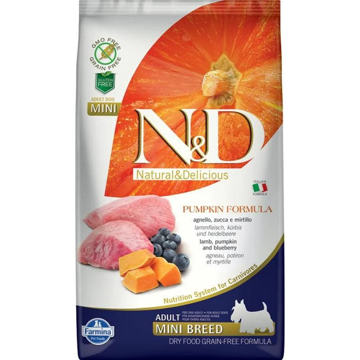Torba z karmą dla psów z dynią, mięsem i jagodami. Tekst zawiera 'Natural & Delicious' i 'Mini Breed'.