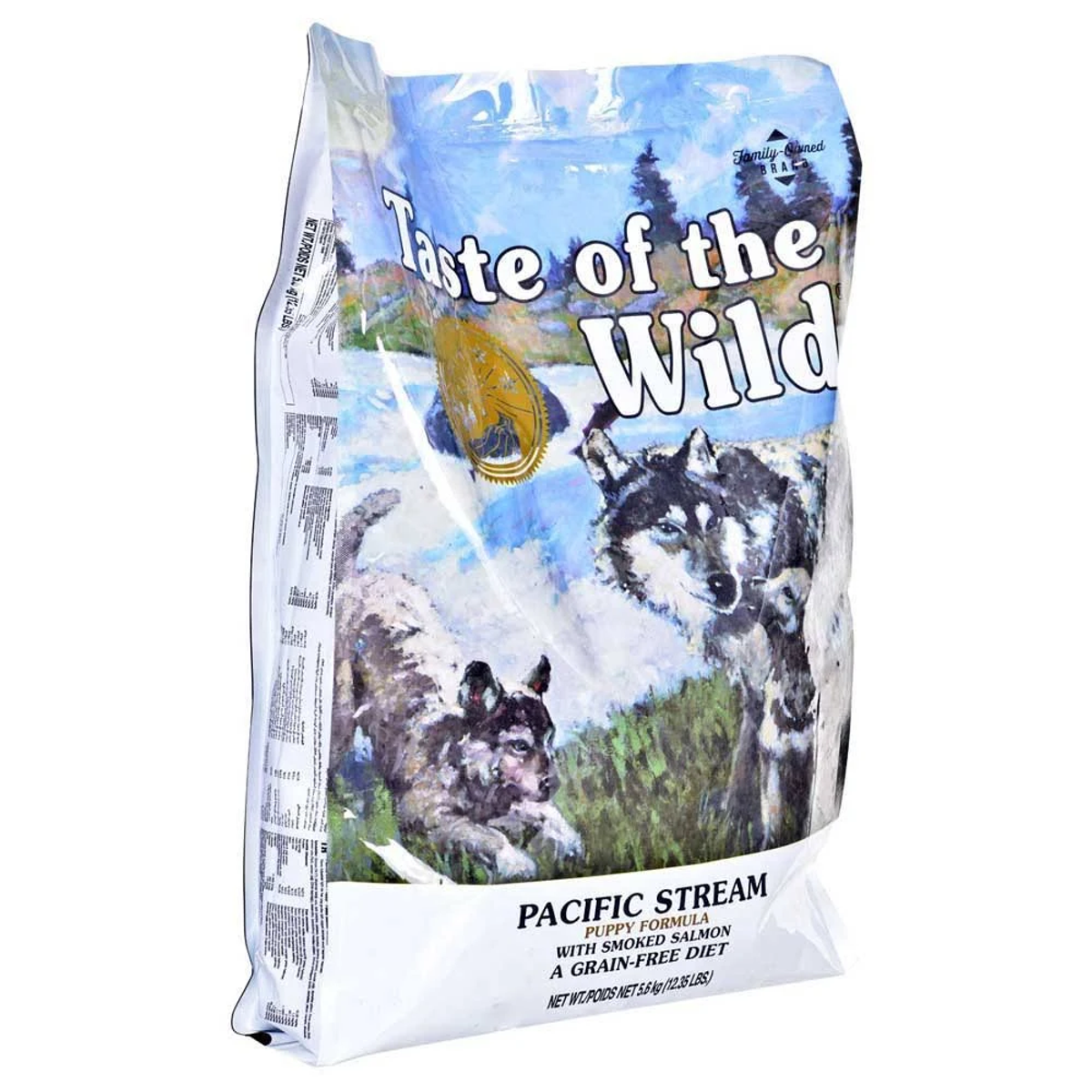 Torba z karmą dla psów marki "Taste of the Wild". Zawiera zdjęcia wilków i szczeniąt, z tekstem wskazującym na formułę dla szczeniąt.