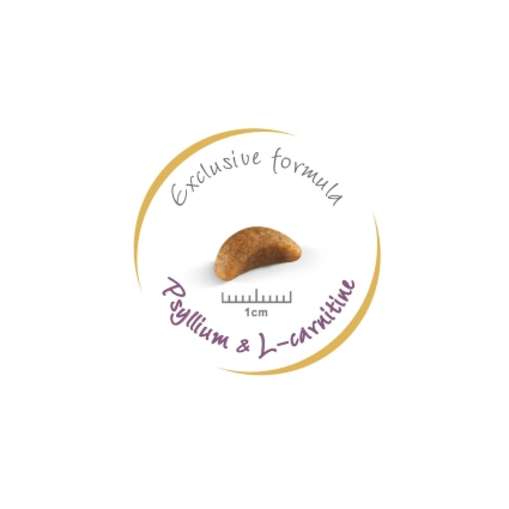 Zbliżenie pojedynczego chrupka karmy dla zwierząt, otoczone tekstem i skalą. Tekst wspomina 'Psyllium & L-karnitynę'.