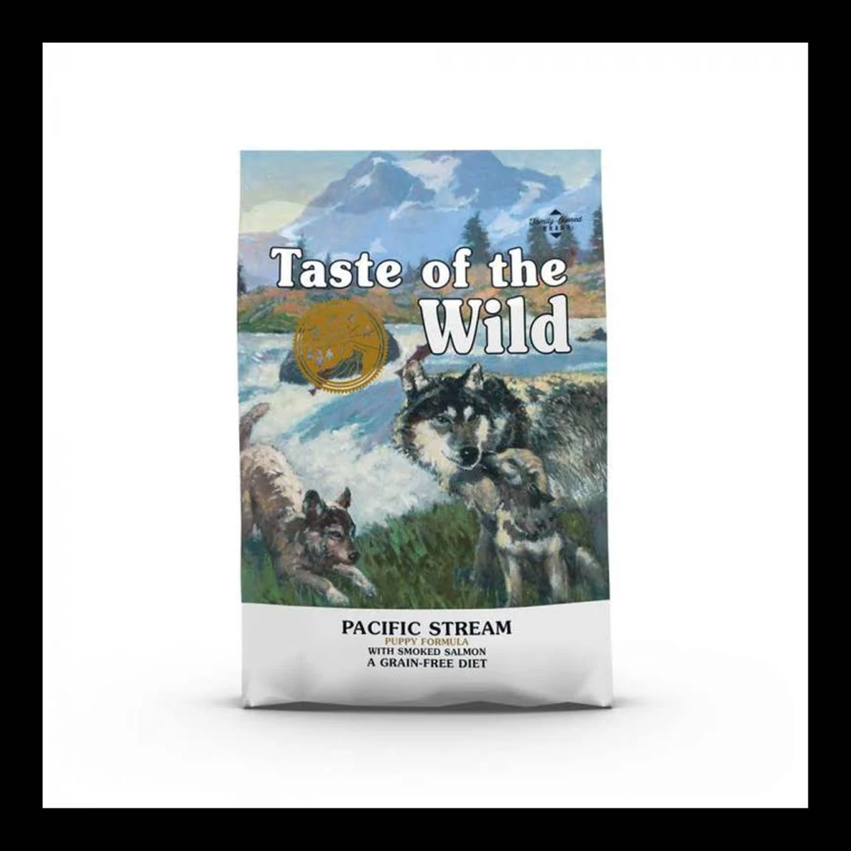 Torba karmy dla psów z ilustracją wilka. Tekst brzmi 'Taste of the Wild' i 'Pacific Stream'.
