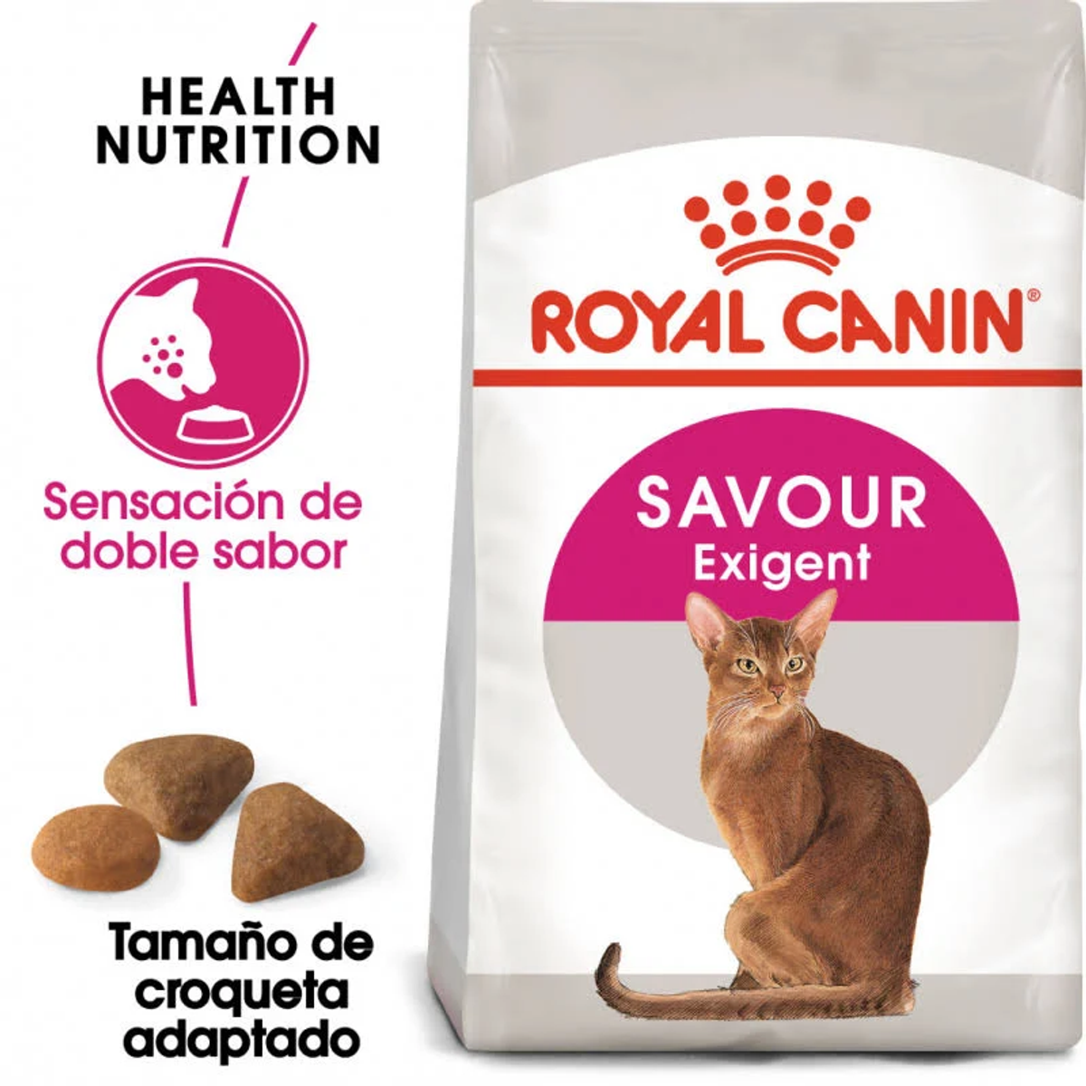 Torba z karmą dla kotów ze zdjęciem kota. Tekst brzmi 'ROYAL CANIN SAVOUR Exigent'. Są też krokiety i informacje o zdrowiu.